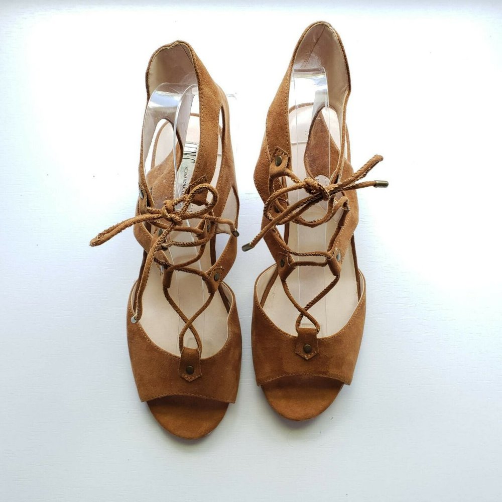 INC Tan Faux Suede Lace up Wedge Sandals - Picture 6 of 11